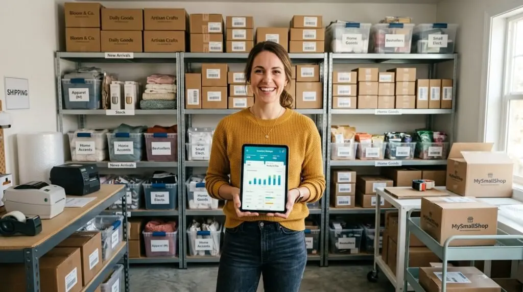 Empreendedora branca sorrindo com tablet de vendas no estoque, cercada de caixas etiquetadas para envio