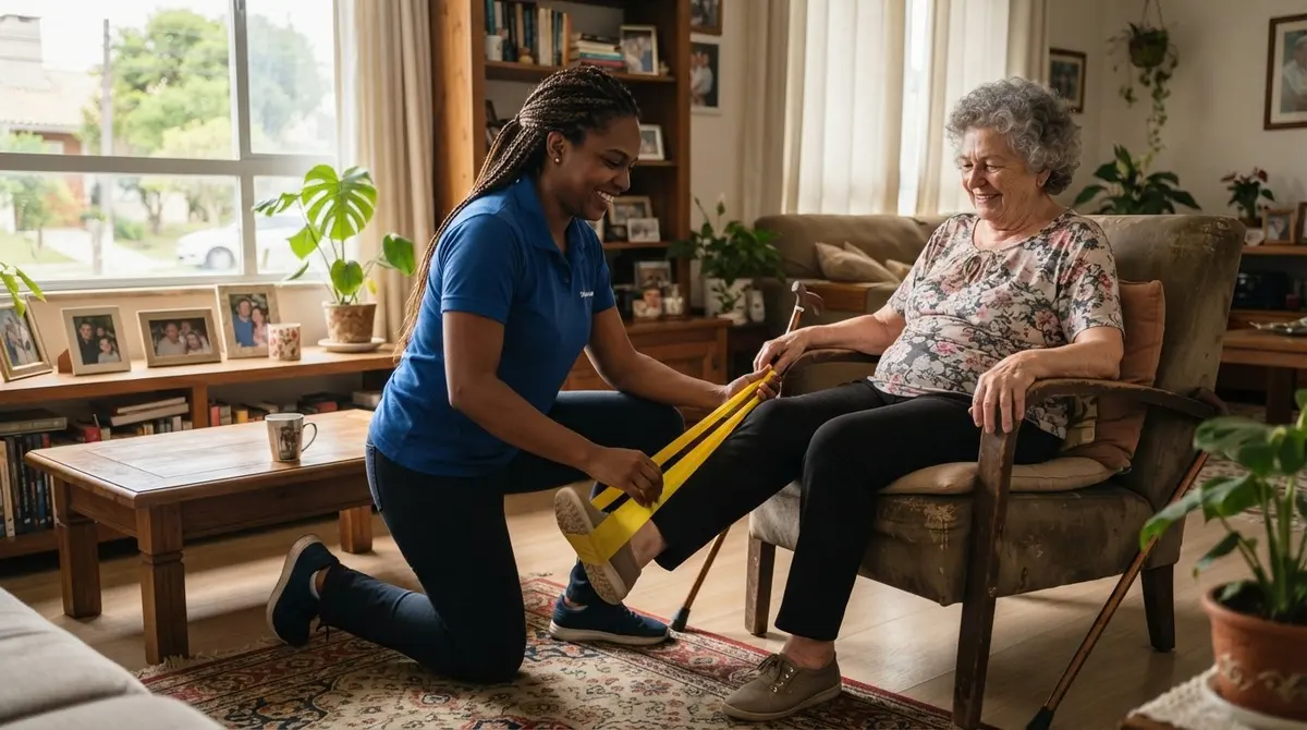 Fisioterapeuta negra realizando atendimento domiciliar de home care com paciente idosa em casa