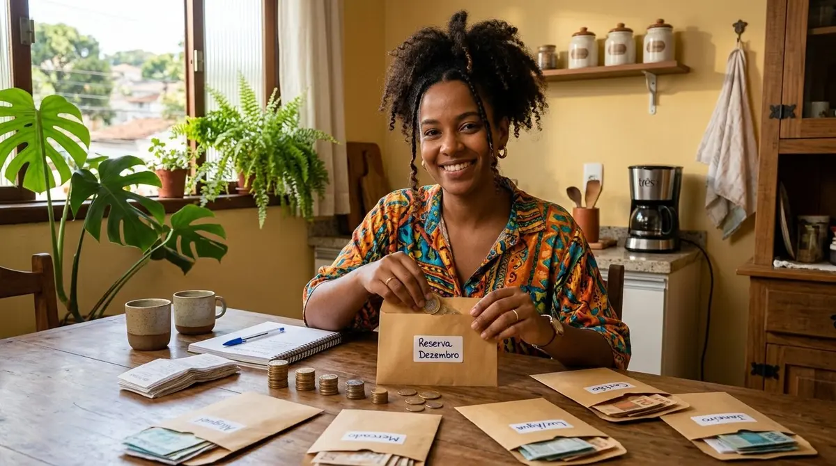 Empreendedora negra jovem organizando envelopes com reserva financeira de dezembro na mesa da cozinha com luz natural