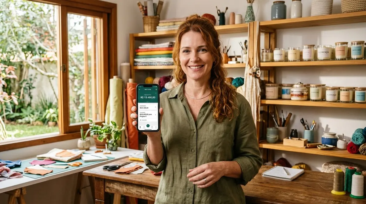 Empreendedora branca de cabelos avermelhados em ateliê artesanal mostrando app de poupança no celular com satisfação