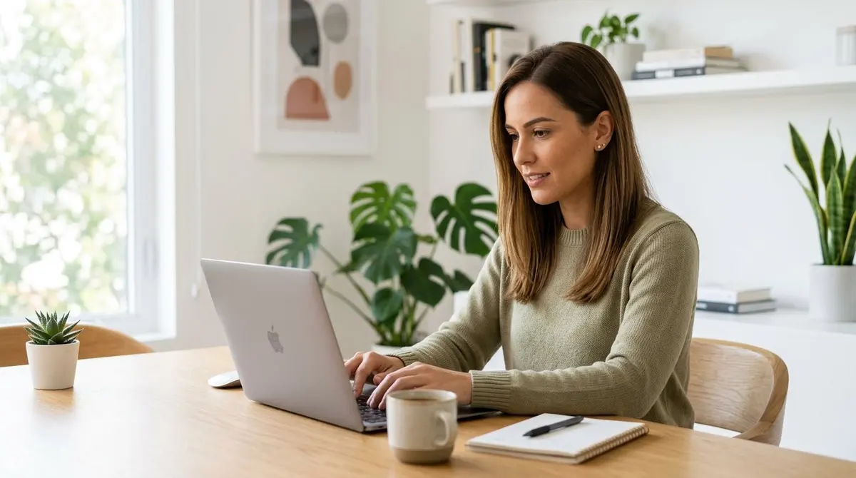 Mulher branca de cabelos castanhos usando laptop para regularizar débitos do DAS MEI no portal do empreendedor