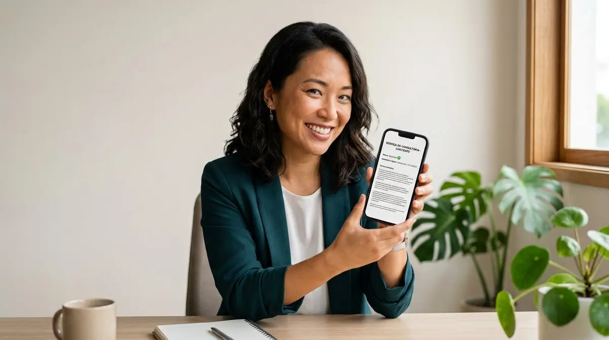 Empreendedora MEI asiática-brasileira revisando contrato de show no smartphone satisfeita