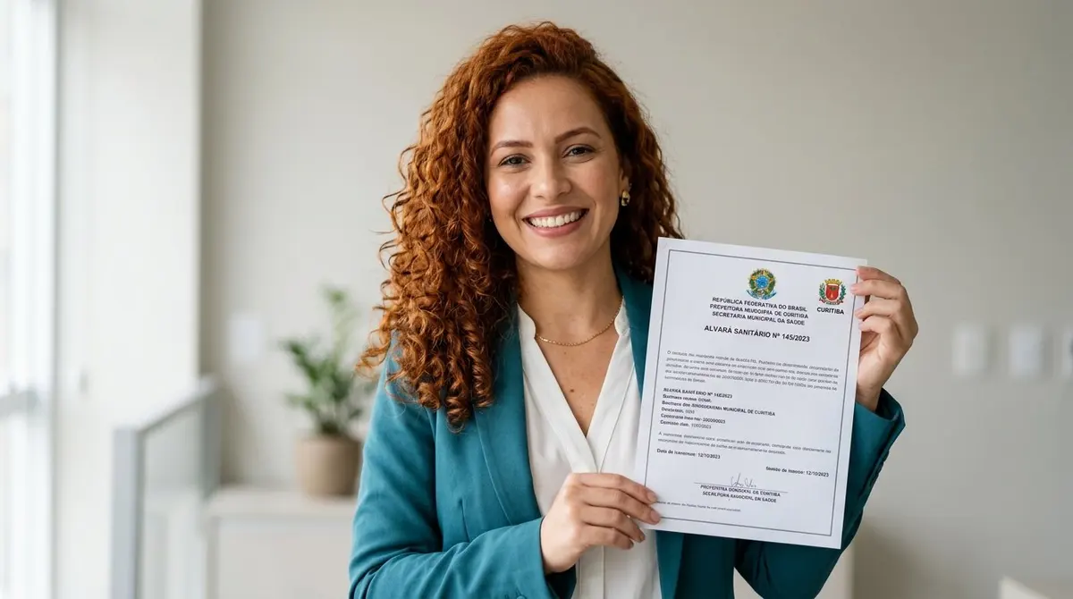 Empreendedora MEI com alvará sanitário aprovado e sorriso aliviado