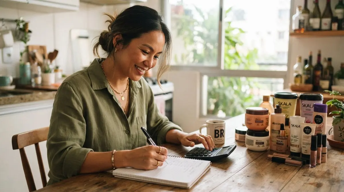 Mulher asiática-brasileira sentada à mesa calculando finanças da revenda de catálogo MEI com notebook e produtos ao redor