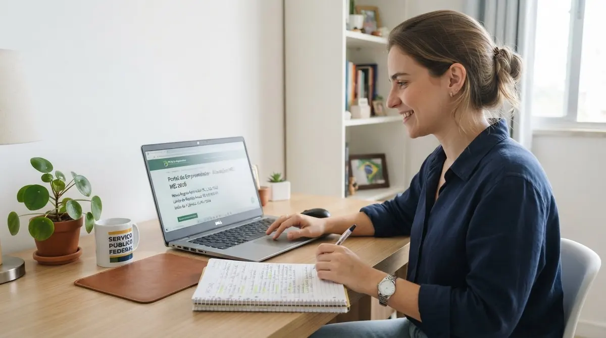 Mulher servidora federal pesquisando regras de MEI no notebook em sua sala
