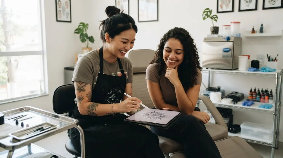 Tatuadora asiática mostrando o desenho no tablet para a cliente, em estúdio com material de biossegurança