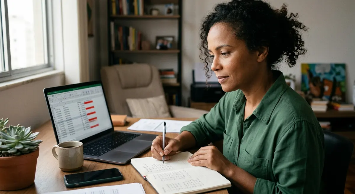 Empreendedora parda de cabelos cacheados anotando valores num caderno enquanto confere uma planilha de contas no notebook