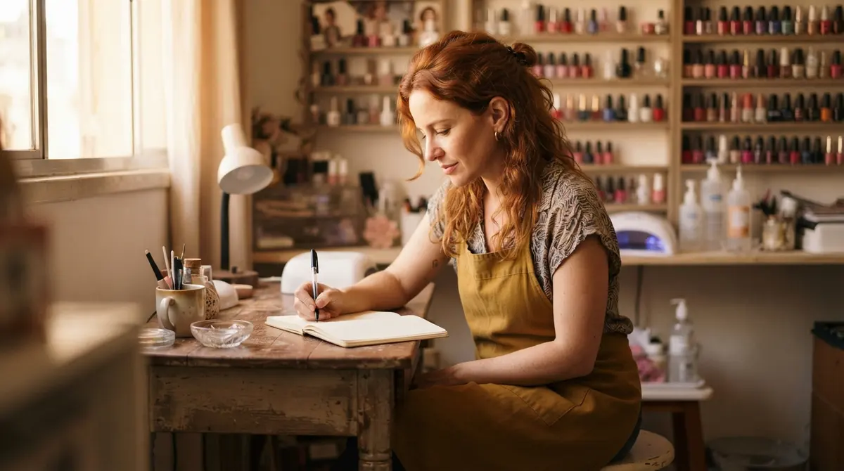 Manicure ruiva anotando os gastos do mês num caderno, na bancada do salão em casa