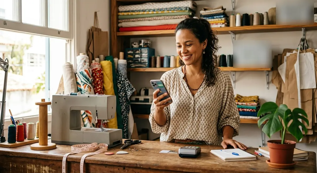 Costureira MEI sorrindo com o celular na mão no balcão do ateliê, ao lado da máquina de costura e da maquininha de cartão