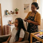 Trancista pode ser MEI: mulher negra fazendo box braids em uma cliente sentada, em um cantinho de atendimento em casa
