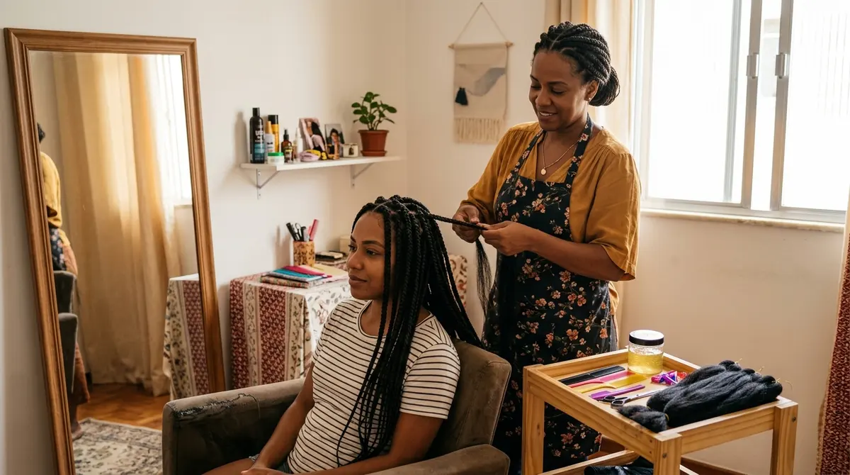 Trancista pode ser MEI: mulher negra fazendo box braids em uma cliente sentada, em um cantinho de atendimento em casa